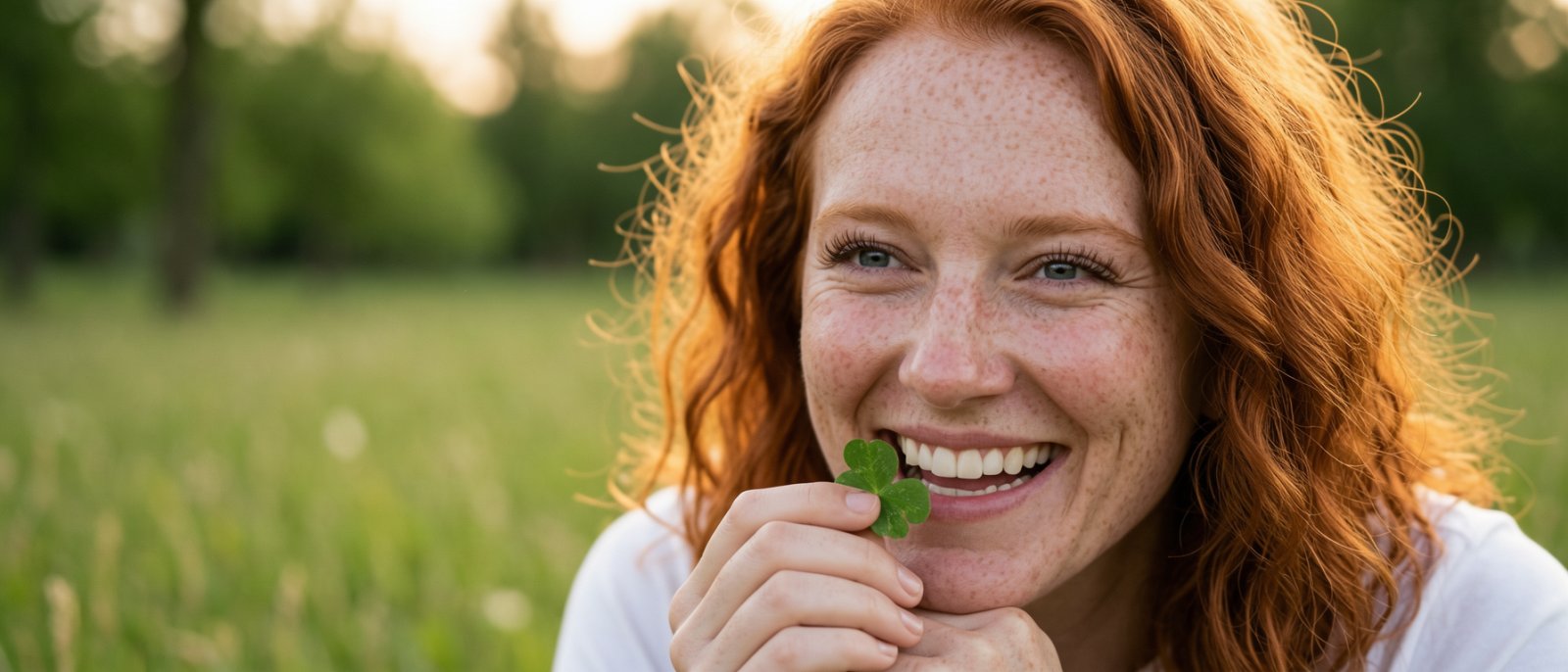 Lächelnde junge Frau mit roten Locken hält ein vierblättriges Kleeblatt auf einer Sommerwiese. Symbolbild für Lebensfreude und unbeschwertes Sehen ohne Brille. Lächelnde junge Frau mit roten Locken hält ein vierblättriges Kleeblatt auf einer Sommerwiese. Symbolbild für Lebensfreude und unbeschwertes Sehen ohne Brille.