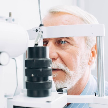 Älterer Mann bei einer Untersuchung der Augen beim Augenarzt
